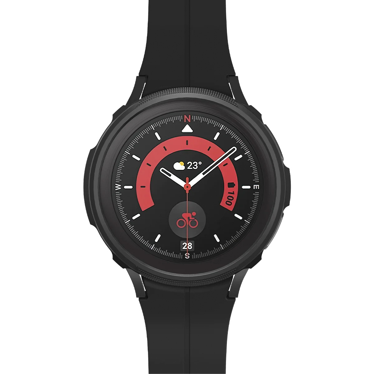 Czarny smartwatch, widok z góry. Czerwone akcenty na tarczy. Pokazuje datę i godzinę.