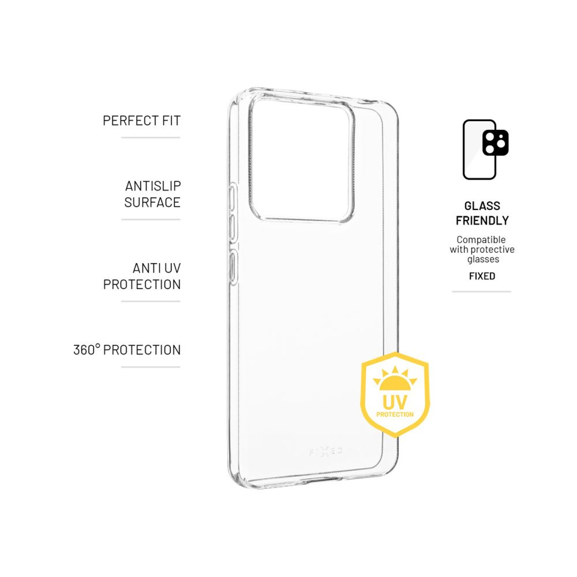 Transparente Handyhülle mit schwarzem Kamera-Bump und UV-Schutz-Etikett. Text: 360° Schutz.