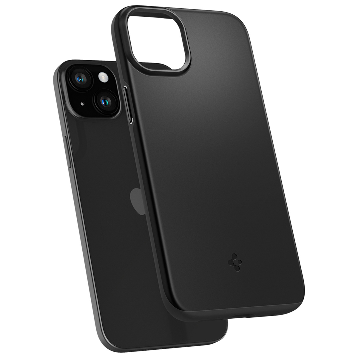 Black phone with a black case on a white background. The case has camera cutouts and buttons.
