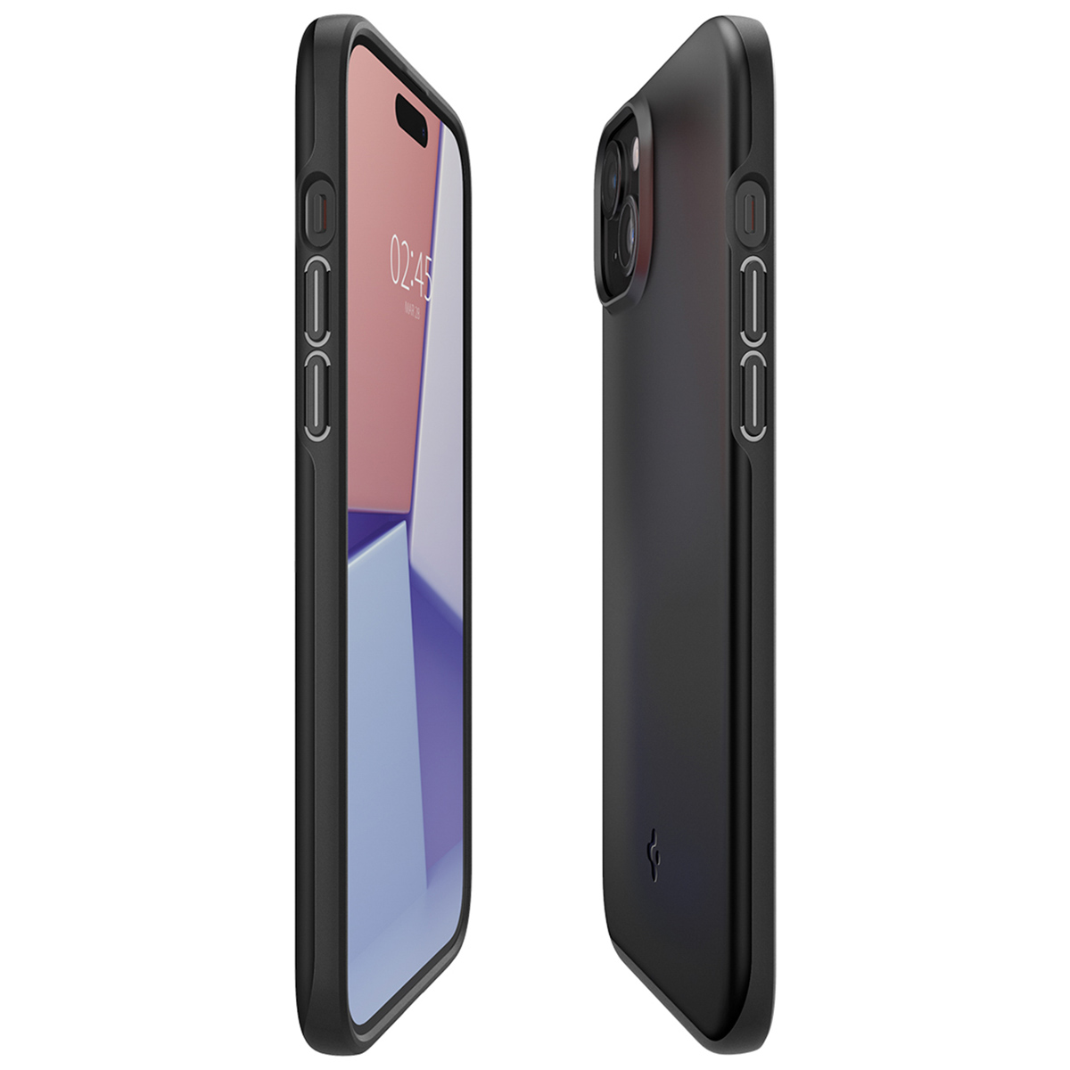 Two phones side by side. One with screen on and black case. Second phone in black case. Side view.
