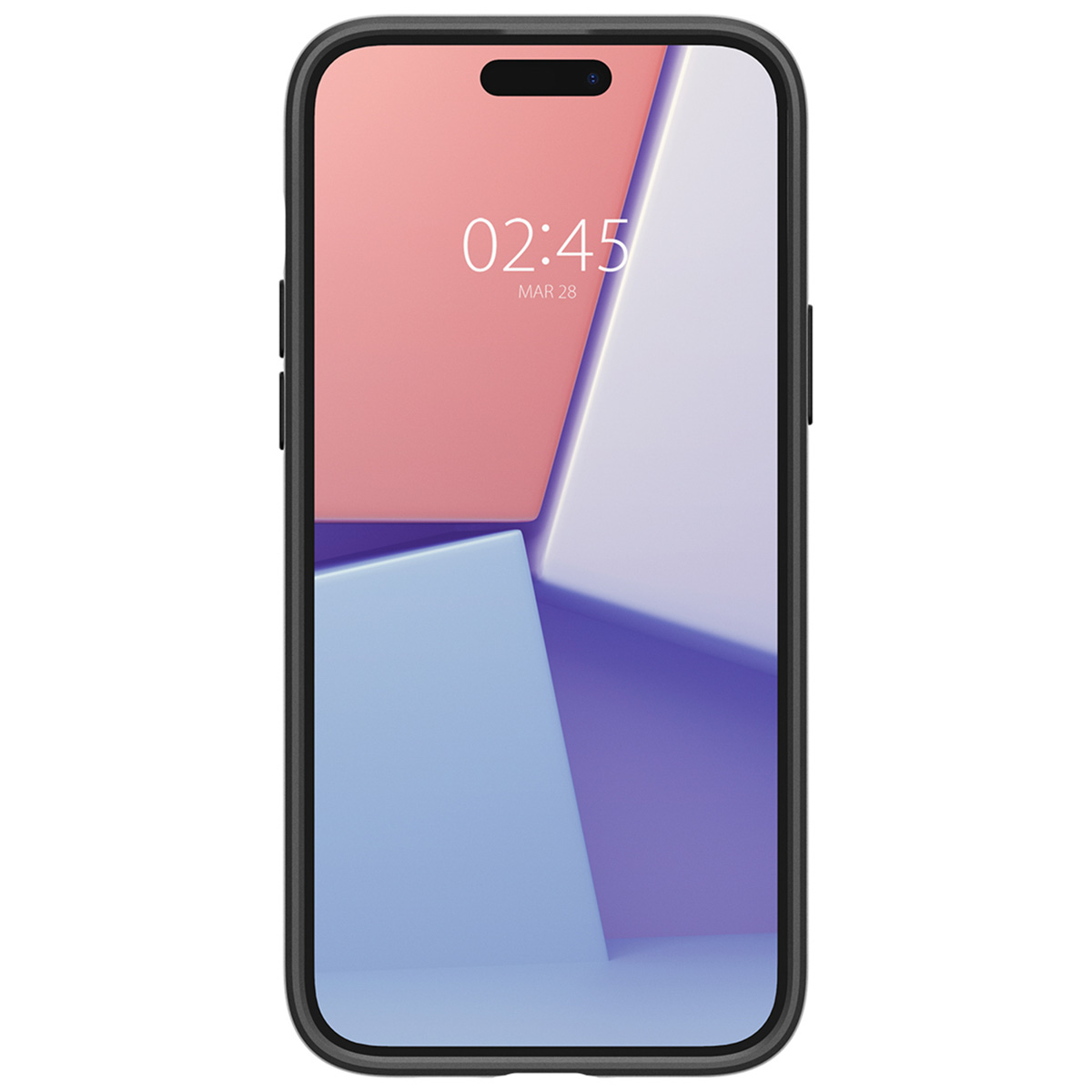 Black phone in a case with a screen displaying the time and date. Interior design-style background.