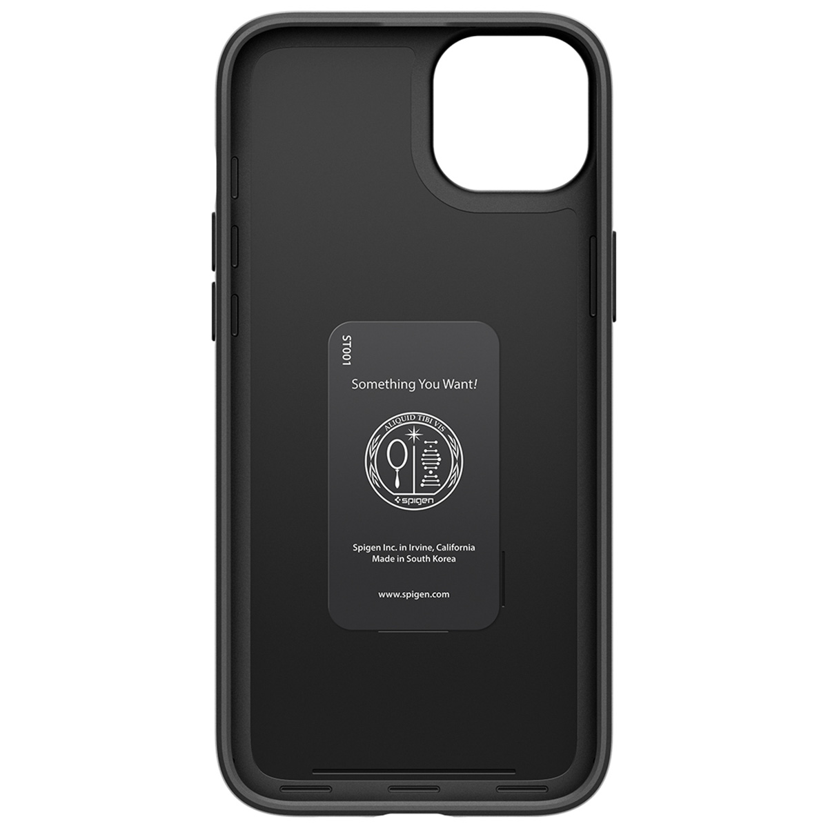 Black phone case with Spigen logo and information.