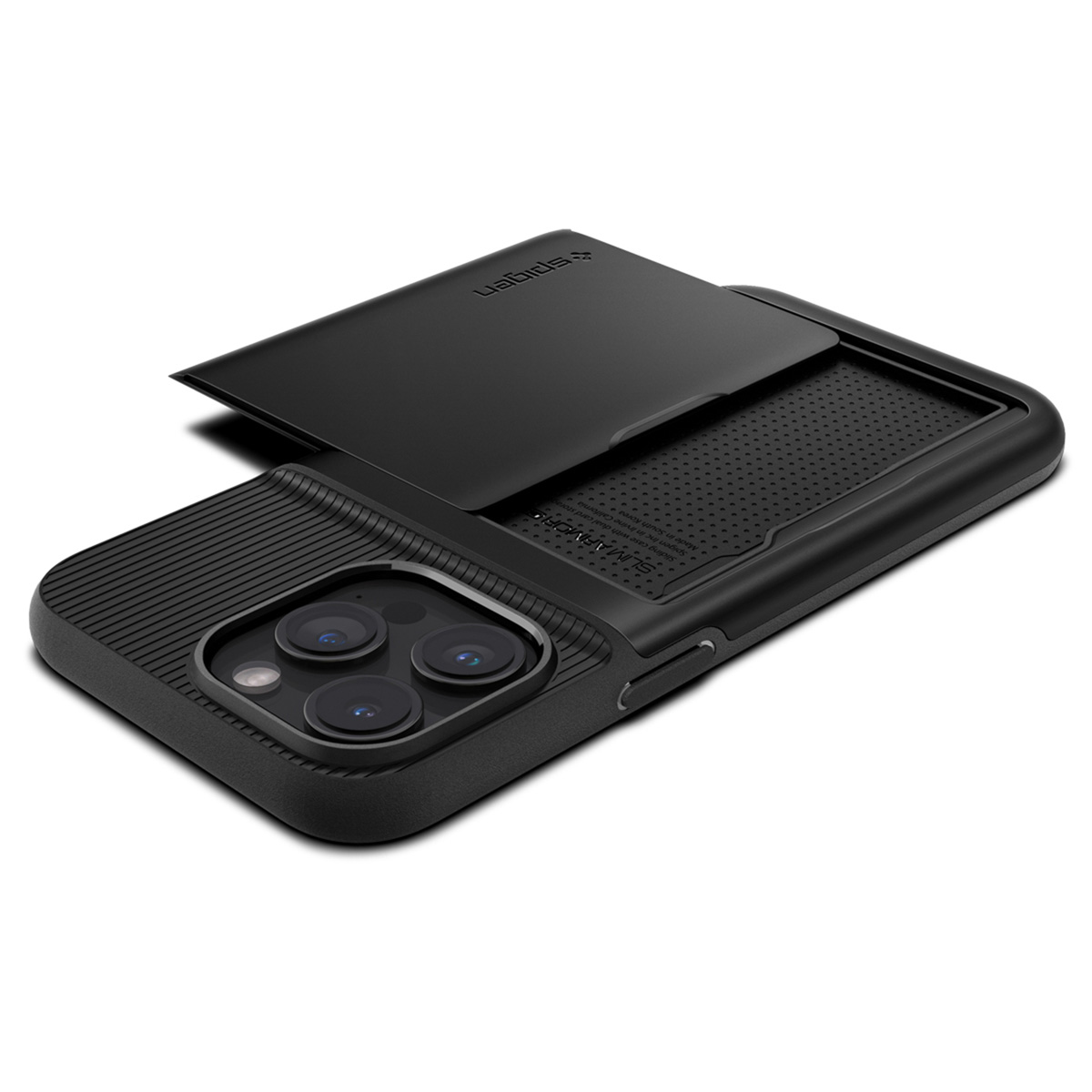 Una custodia per telefono nera con una copertura scorrevole sopra gli obiettivi della fotocamera.