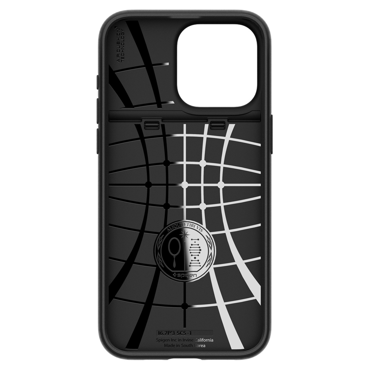 Custodia nera per telefono con motivo a griglia e logo Spigen.