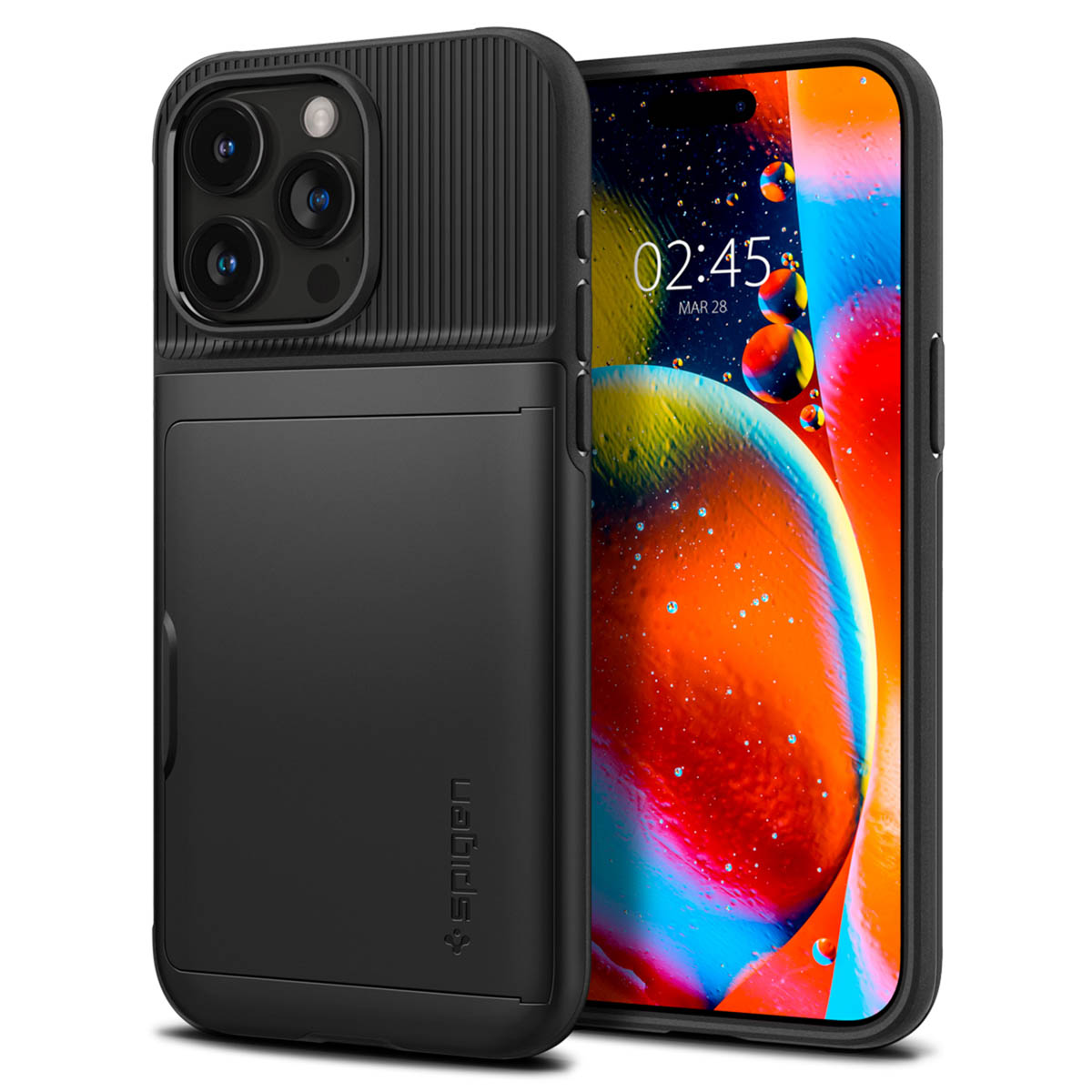 Telefono nero con custodia nera. La custodia ha un porta carte. Il telefono mostra l'ora.
