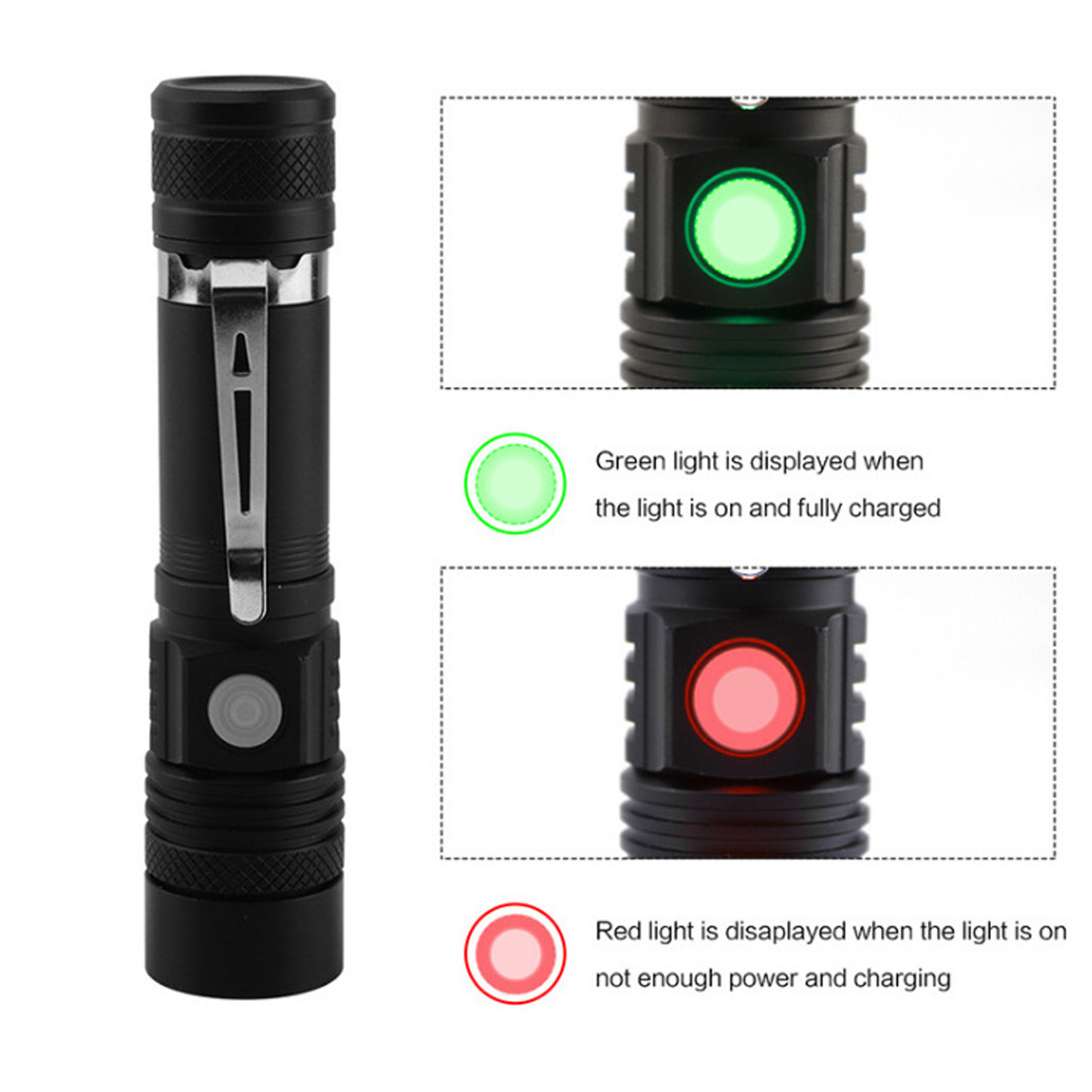 Eine schwarze Taschenlampe mit Diagrammen, die grüne und rote Lichtindikatoren für Strom und Aufladen zeigen.