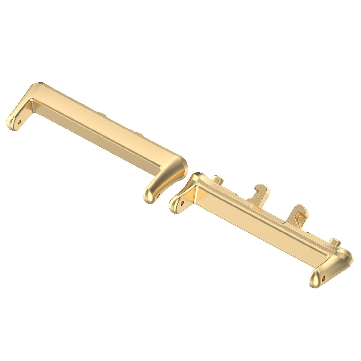 Zwei goldfarbene Metallteile, eines ein längeres Rechteck, das andere hat ein hakenartiges Design.