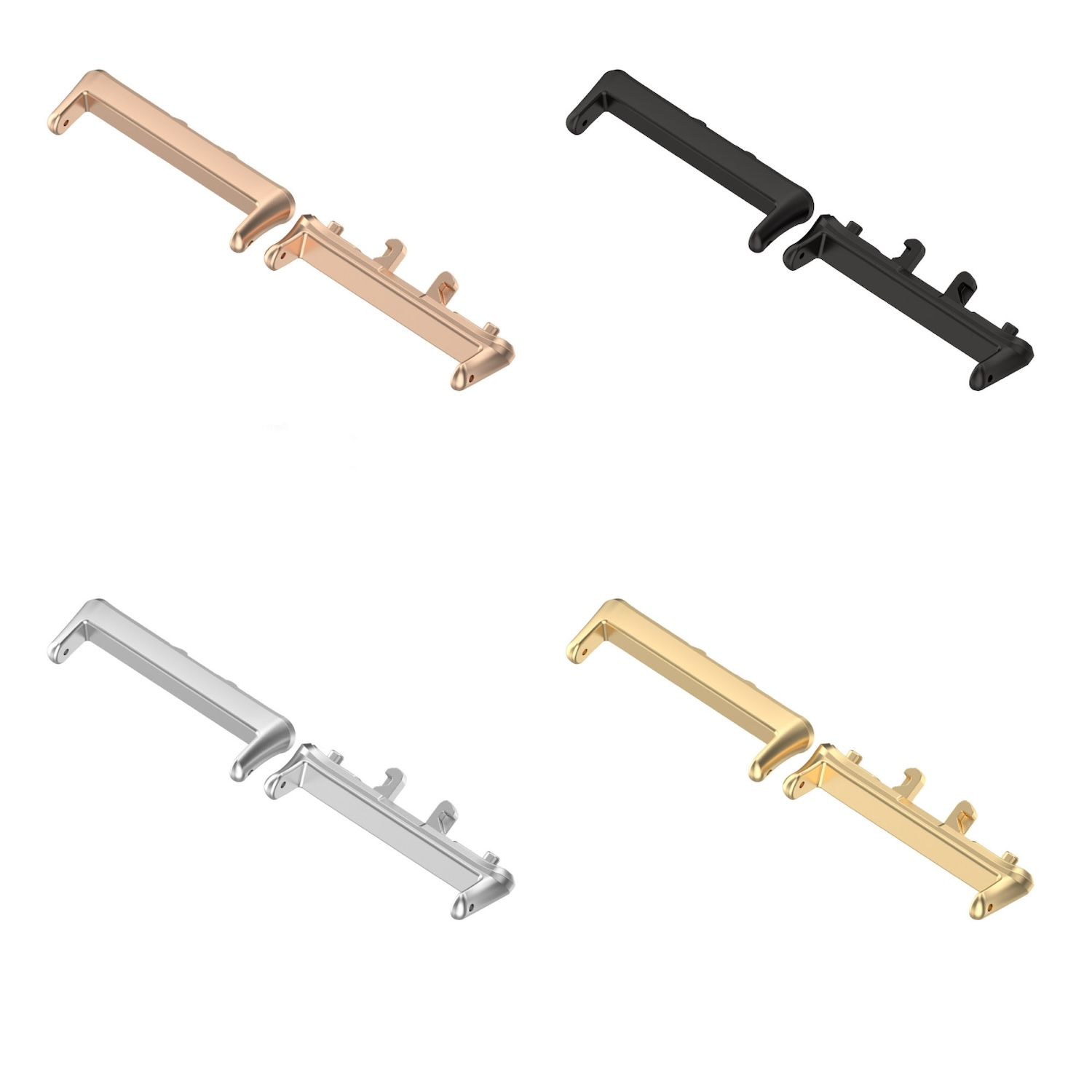 Vier Sätze Uhrenarmbandverbinder, in Gold, Silber, Schwarz und Roségold, in zwei Reihen angeordnet.