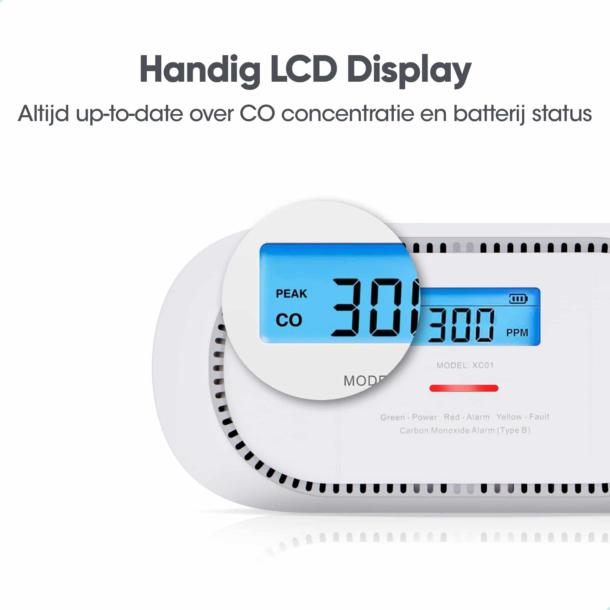 Nahaufnahme eines CO-Detektors, der ein digitales Display mit CO-Pegel zeigt.