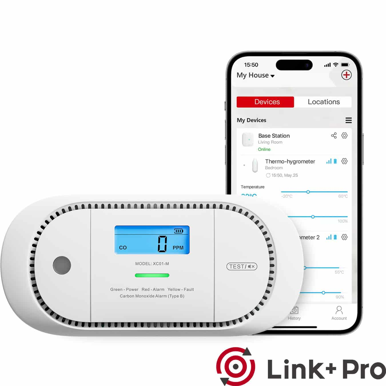 Weißer Kohlenmonoxid-Alarm mit Anzeige '0 PPM' und Smartphone mit Daten.