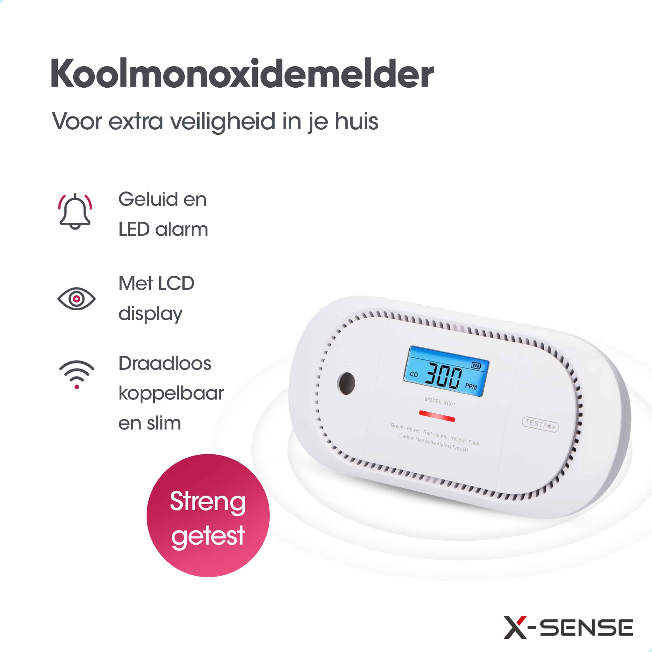 Ein weißer Kohlenmonoxid-Detektor mit LCD-Anzeige und Symbolen, mit Text und Logo.
