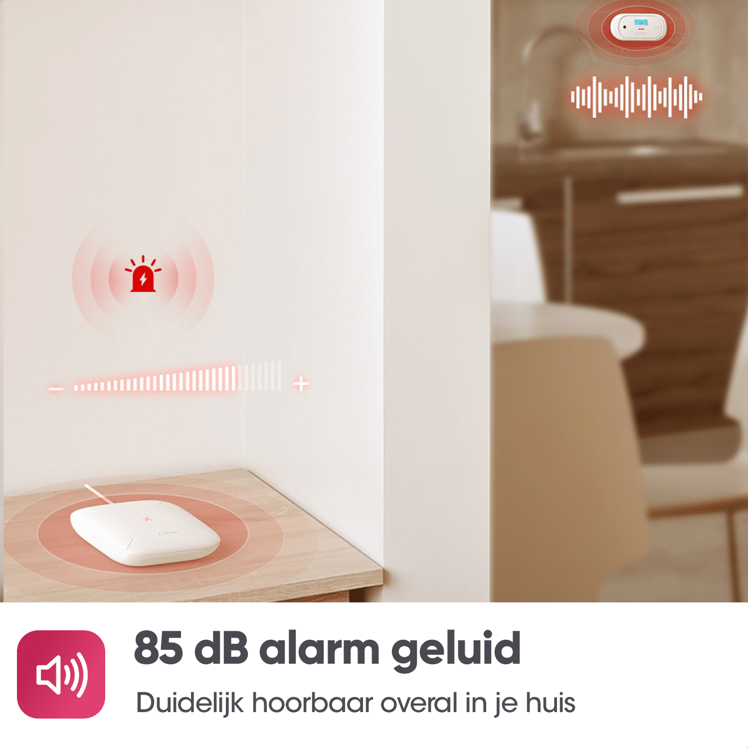 Bild eines Heimsicherheitssystems mit einem Bedienfeld und einer Visualisierung des Alarmtons.