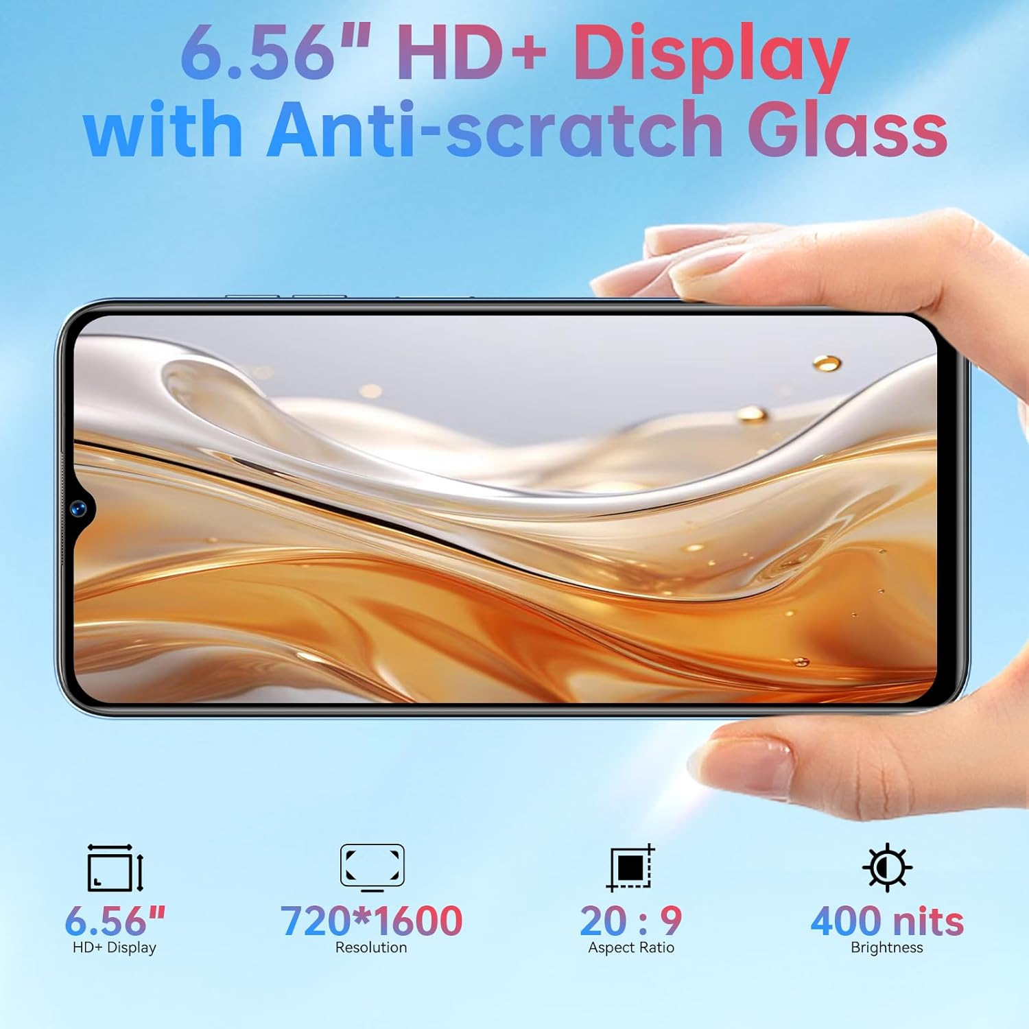 Una mano che tiene uno smartphone con un grande schermo che mostra un'immagine colorata.