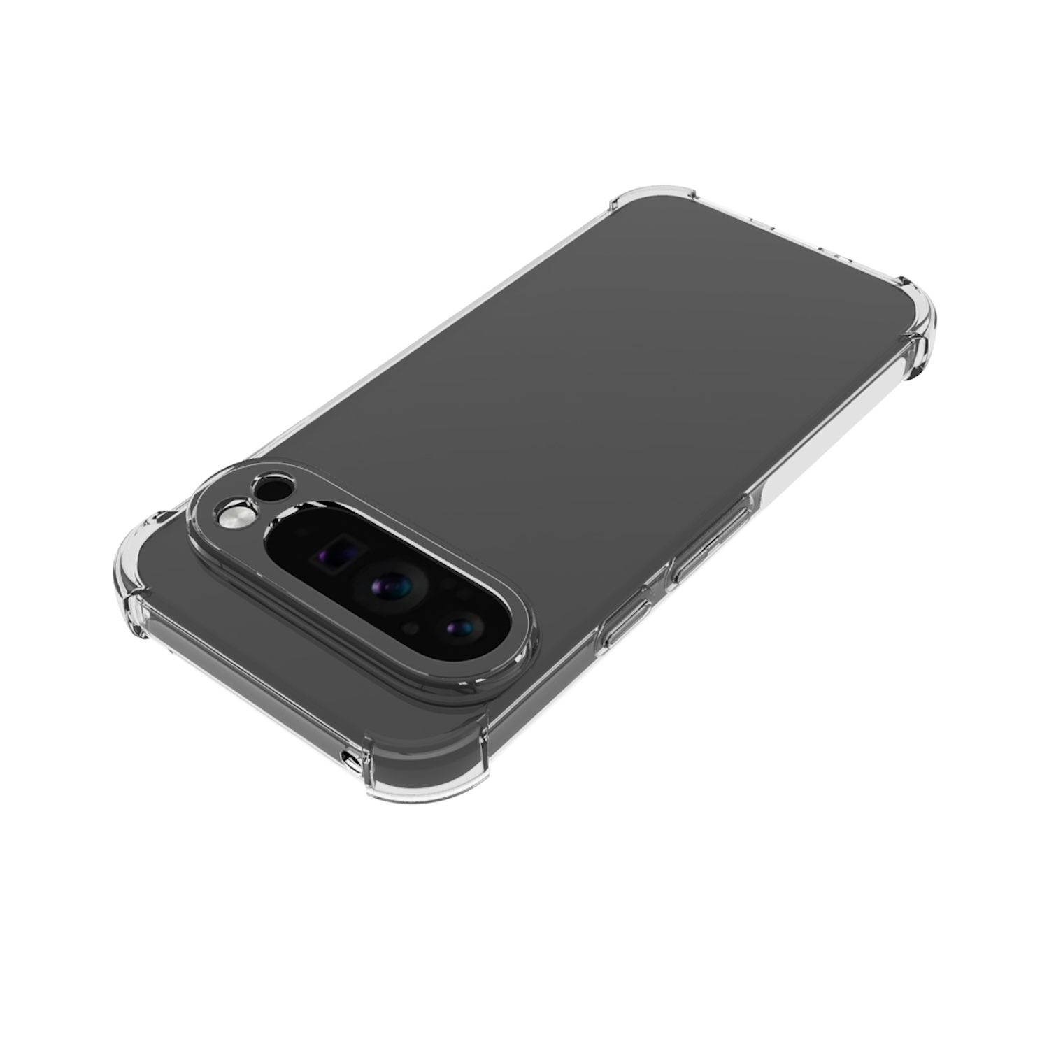 Eine transparente Handyhülle mit Kameraaussparung, die die Rückseite eines Telefons zeigt.