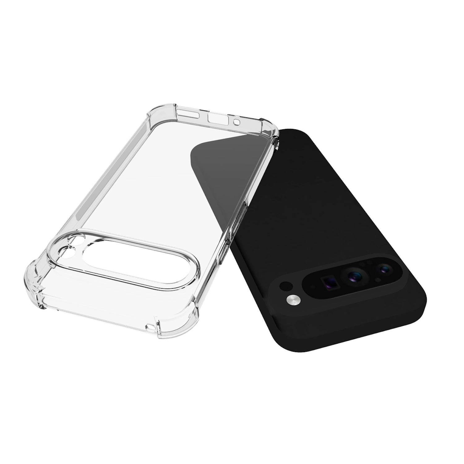 Eine schwarze Handyhülle mit transparentem Cover, die das Kamera-Layout des Telefons zeigt.