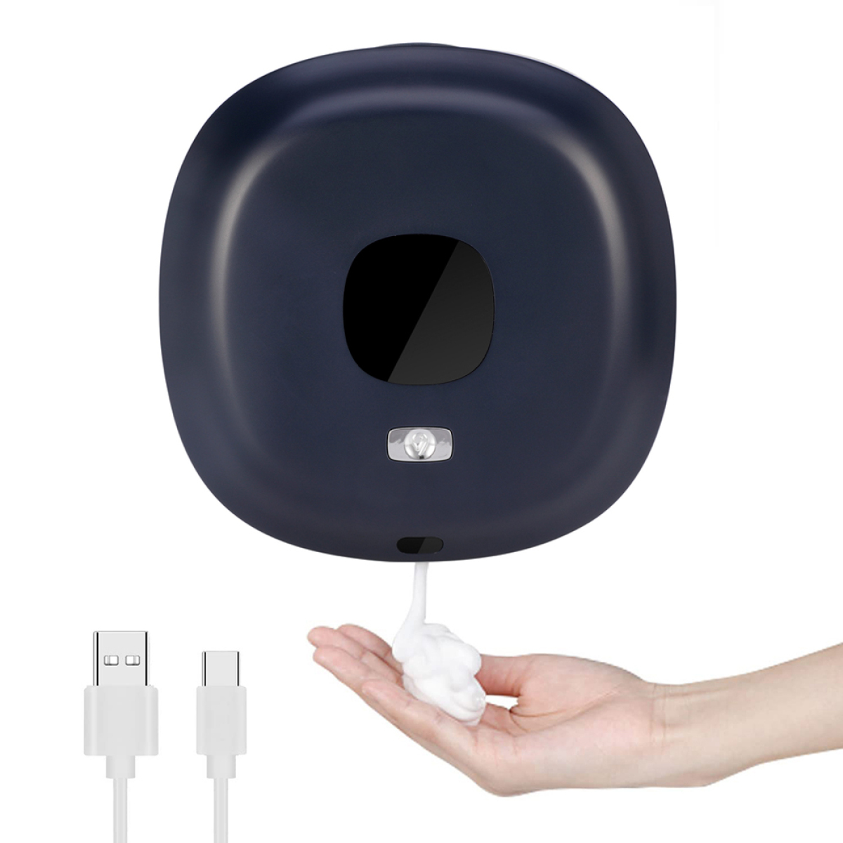 Dunkelblauer Seifenspender. Weißer Schaum wird in eine Hand abgegeben. USB- und USB-C-Kabel befinden sich darunter.
