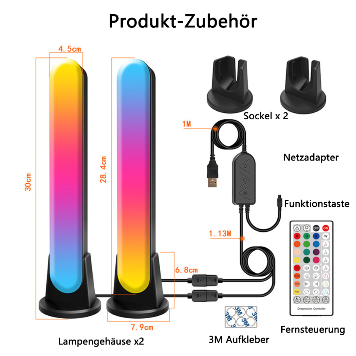 Zwei Farbwechsel-Lichtleisten mit Fernbedienung und Adapter. Sie sind über Kabel verbunden.
