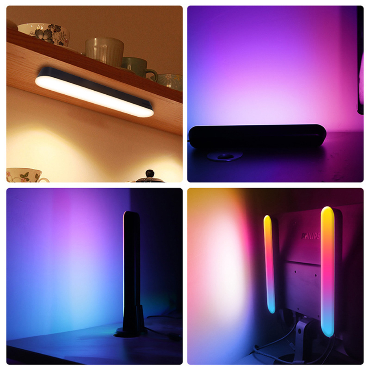 Vier Bilder zeigen verschiedene Szenen einer Lichtleiste mit Farbverläufen. Die Leiste beleuchtet die Umgebung mit verschiedenen Farben.