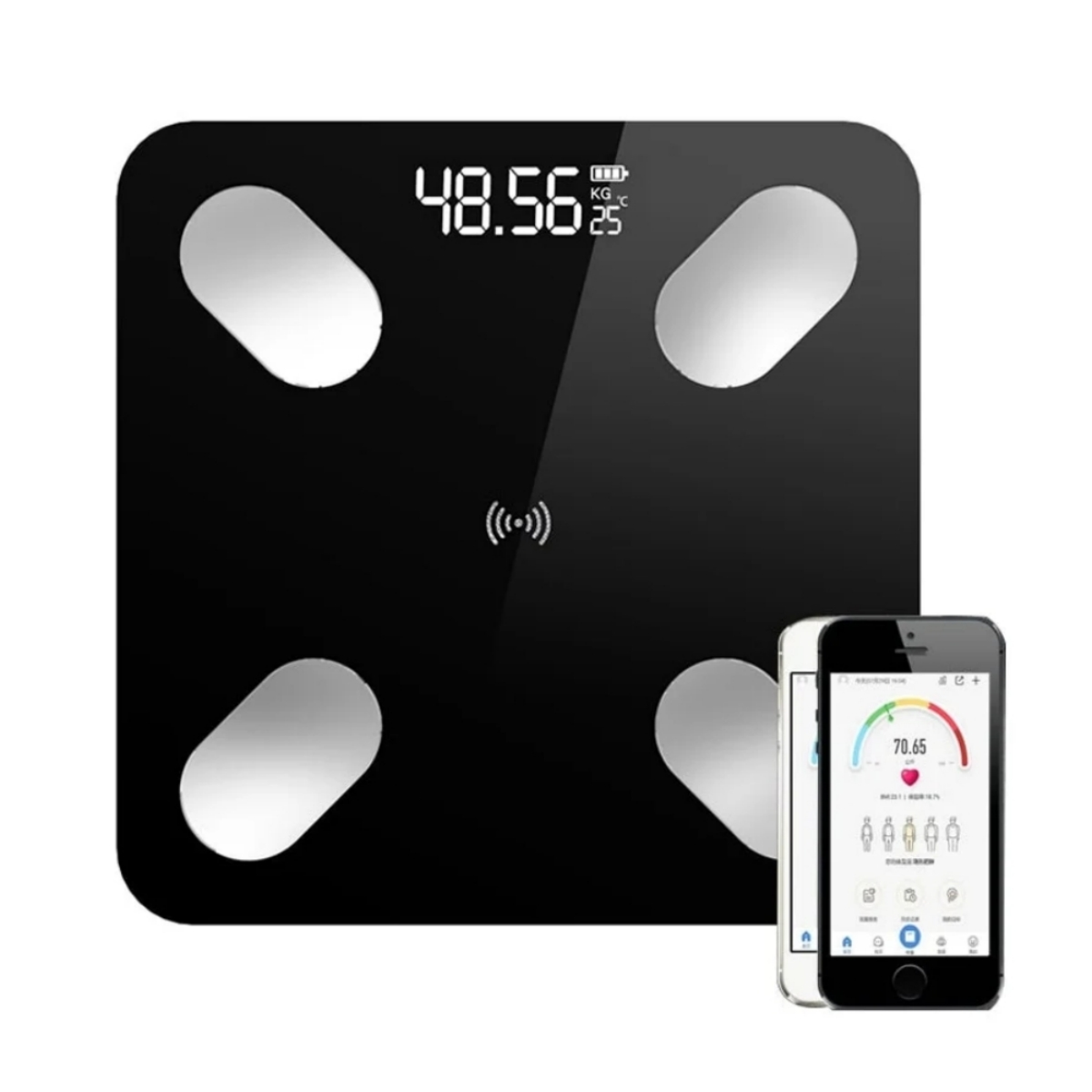 Eine schwarze Smart-Waage mit Gewichts-Anzeige und ein Smartphone mit App.
