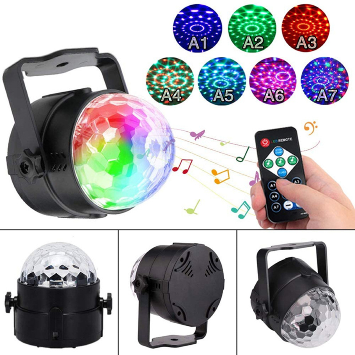 Eine Discokugelleuchte. Es werden mehrere farbige Lichtkreise mit einer Fernbedienung angezeigt.
