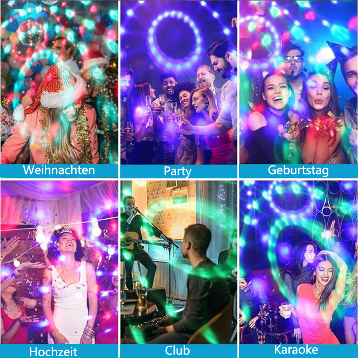 Collage von Partyszenen: Weihnachten, Party, Geburtstag, Hochzeit, Club, Karaoke, mit Lichtern.