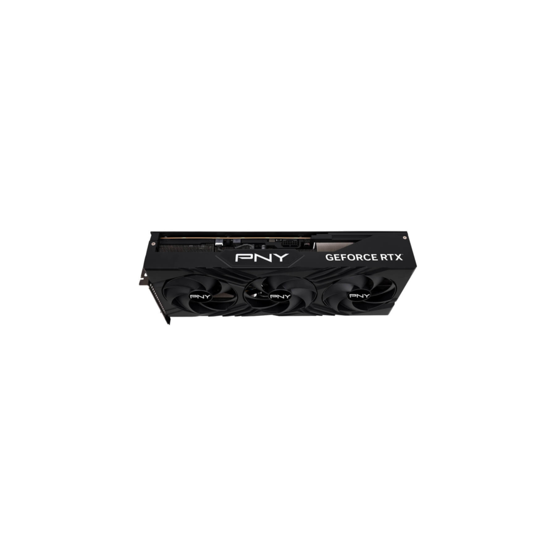 Scheda grafica PNY GeForce RTX nera, tre ventole, sfondo bianco.