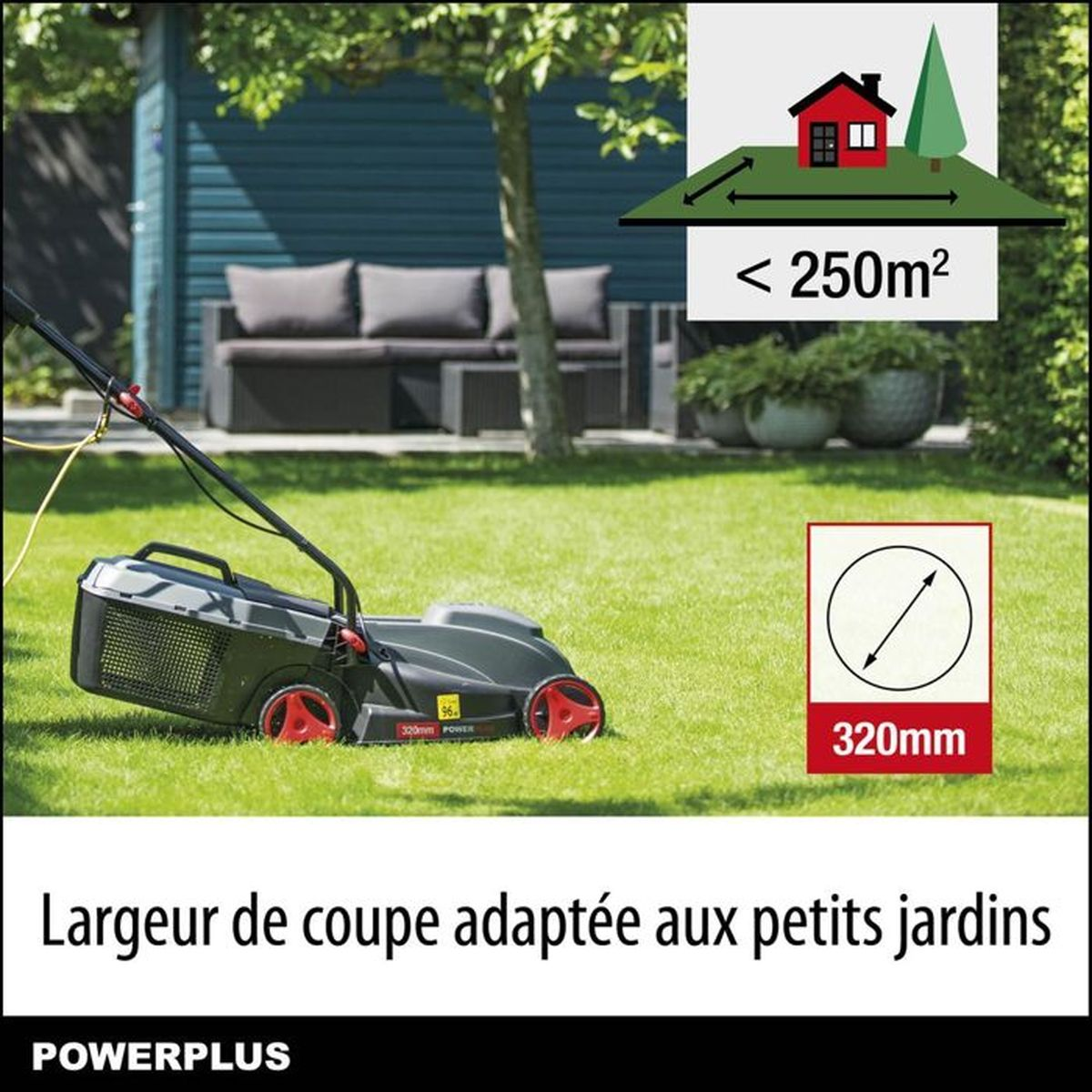 Rasenmäher auf Gras, Text: 'Larger de coupe adapté aux petits jardins'.