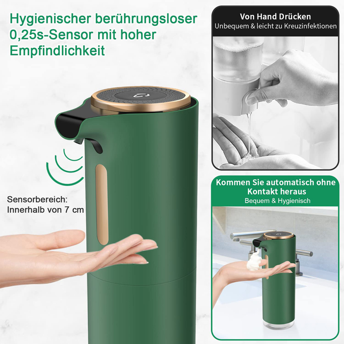 Ein grüner, automatischer Seifenspender. Eine Hand wird darunter gehalten. Der Spender hat Text auf Deutsch.