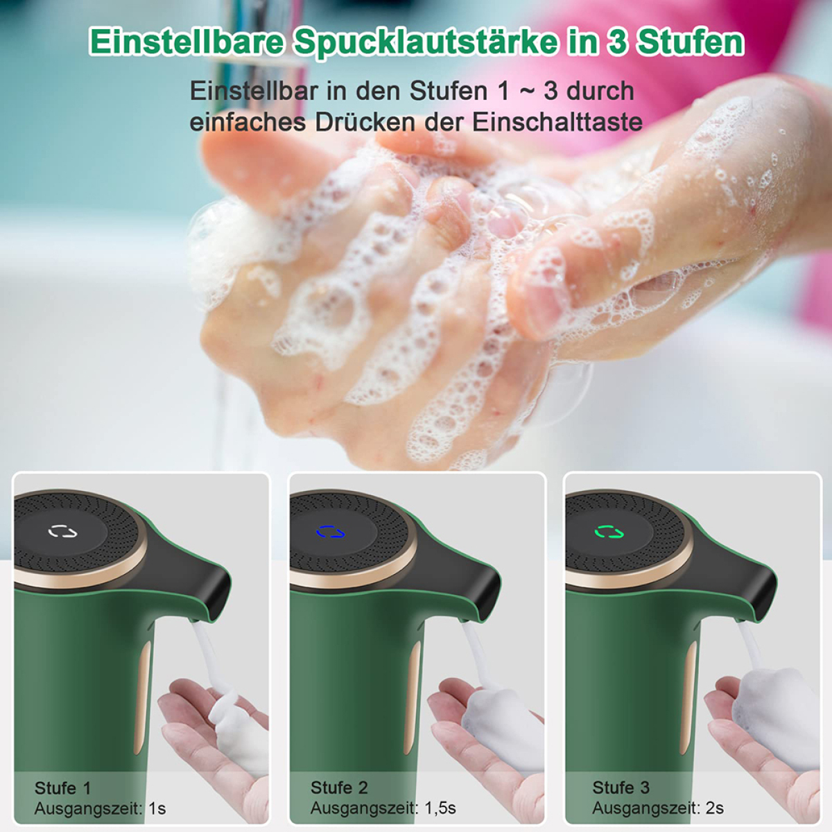 Hände waschen mit Schaum, drei Dispensereinstellungen. Grüner Spender, weißer Hintergrund.