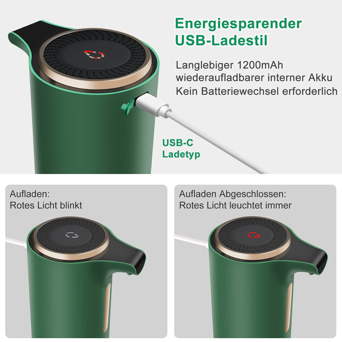 Ein grüner, automatischer Seifenspender mit Text und Bildern. Ein USB-C-Kabel ist eingesteckt.