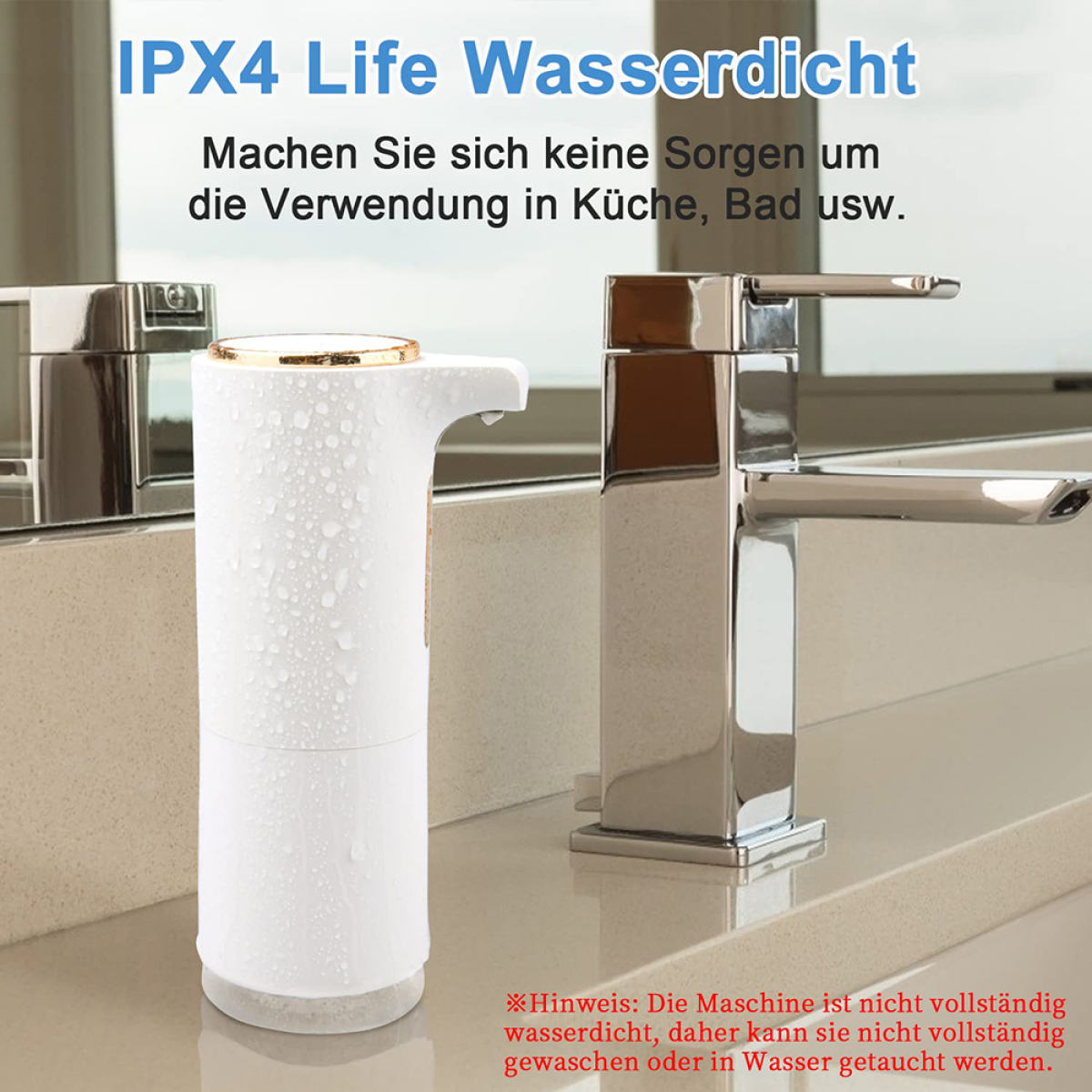 Weißer Seifenspender und Chromarmatur. Text: IPX4 Life Wasserdicht. Küchenumgebung, weißer Hintergrund.