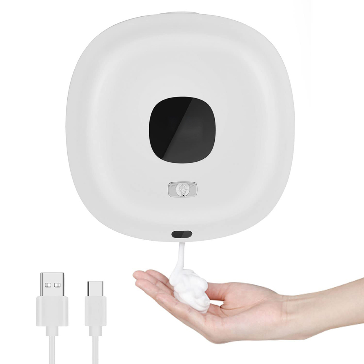 Weißer automatischer Seifenspender, der Schaum abgibt. USB-C- und USB-Kabel werden gezeigt.