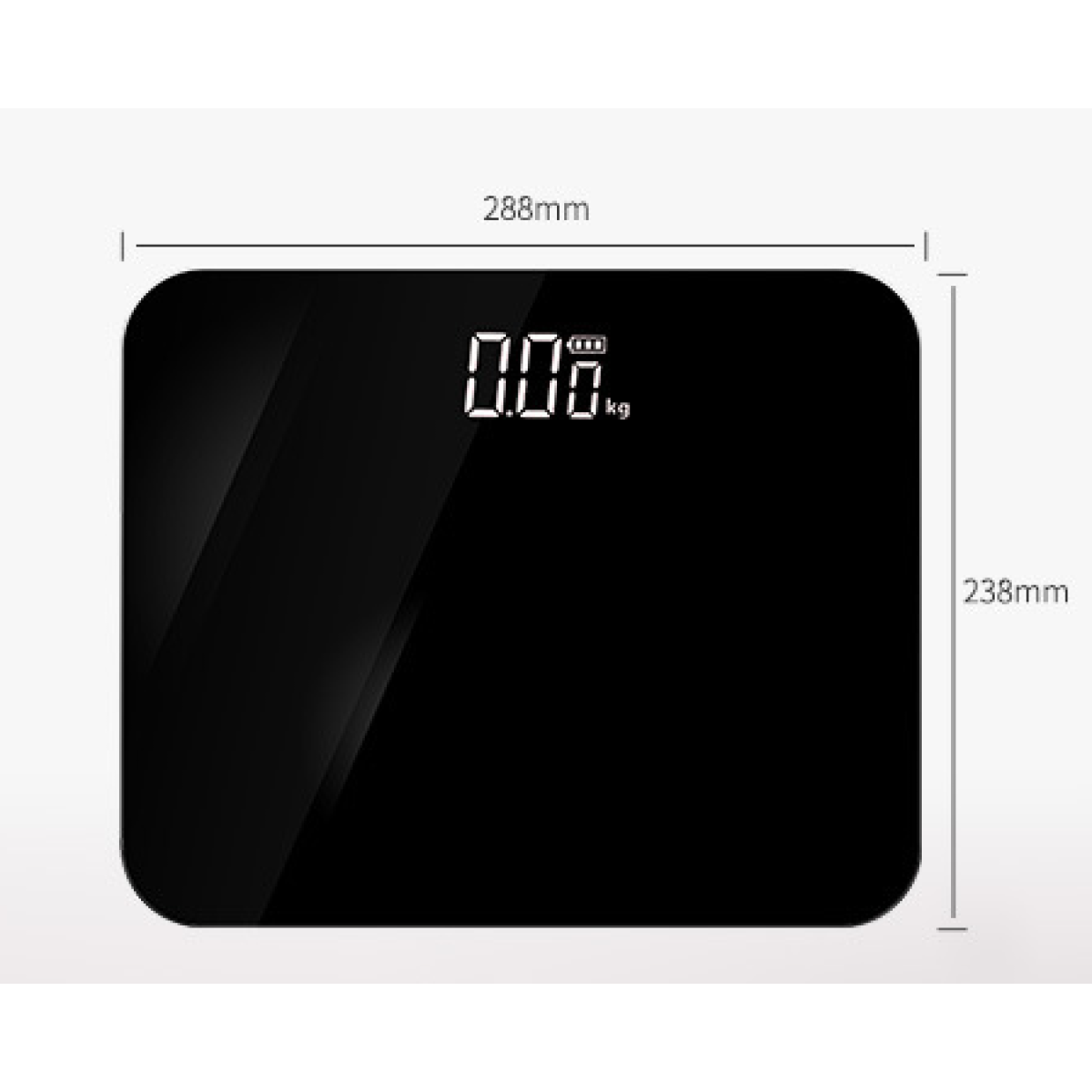 Schwarze, rechteckige Digitalwaage mit einem Display, das 0,00 kg anzeigt.