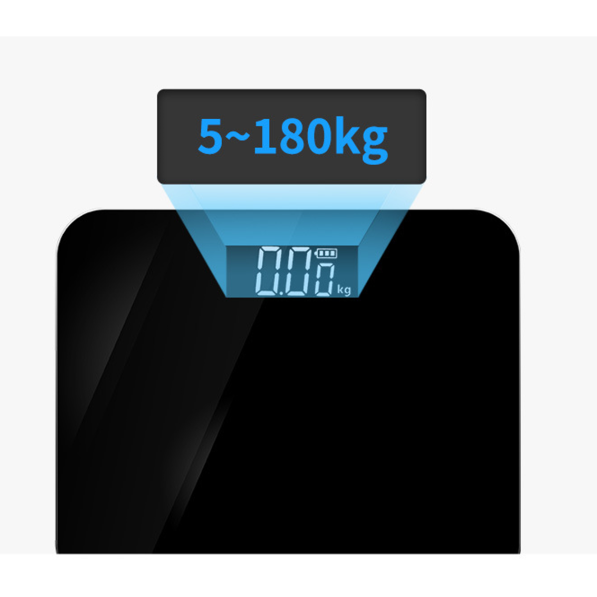 Digitale Waage zeigt 0,00 kg mit einem Bereich von 5-180 kg auf schwarzer und weißer Oberfläche.