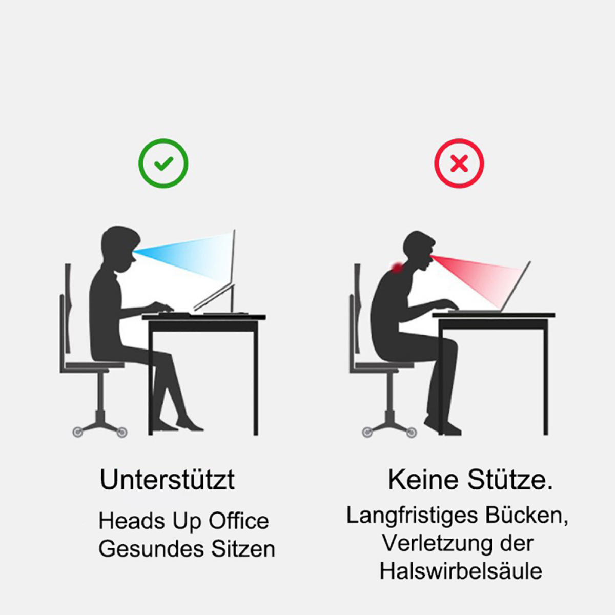 Diagramm mit korrekter vs. falscher Körperhaltung bei der Verwendung eines Laptops.