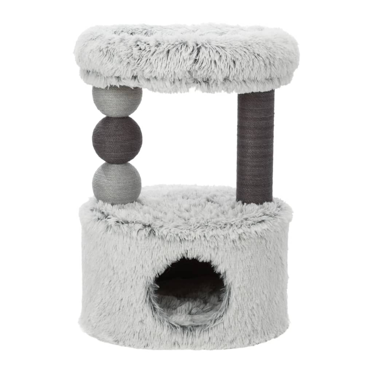 Un albero per gatti con base rotonda, una zona centrale con tre palline e una zona superiore con bordi soffici.
