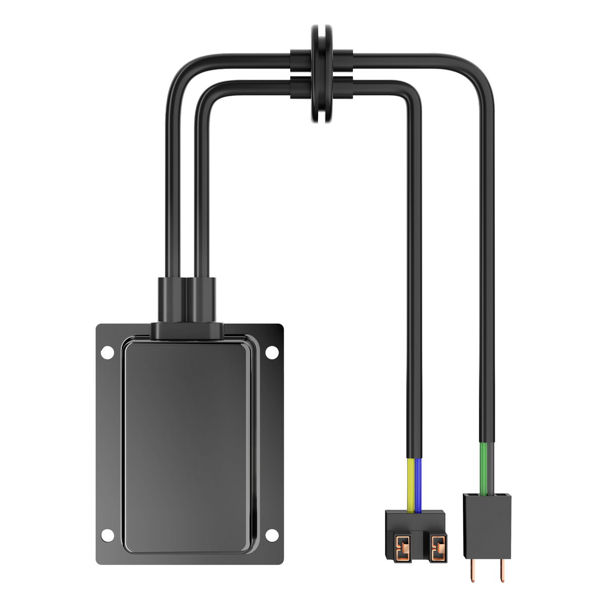 Eine schwarze elektrische Komponente mit farbigen Drahtanschlüssen.