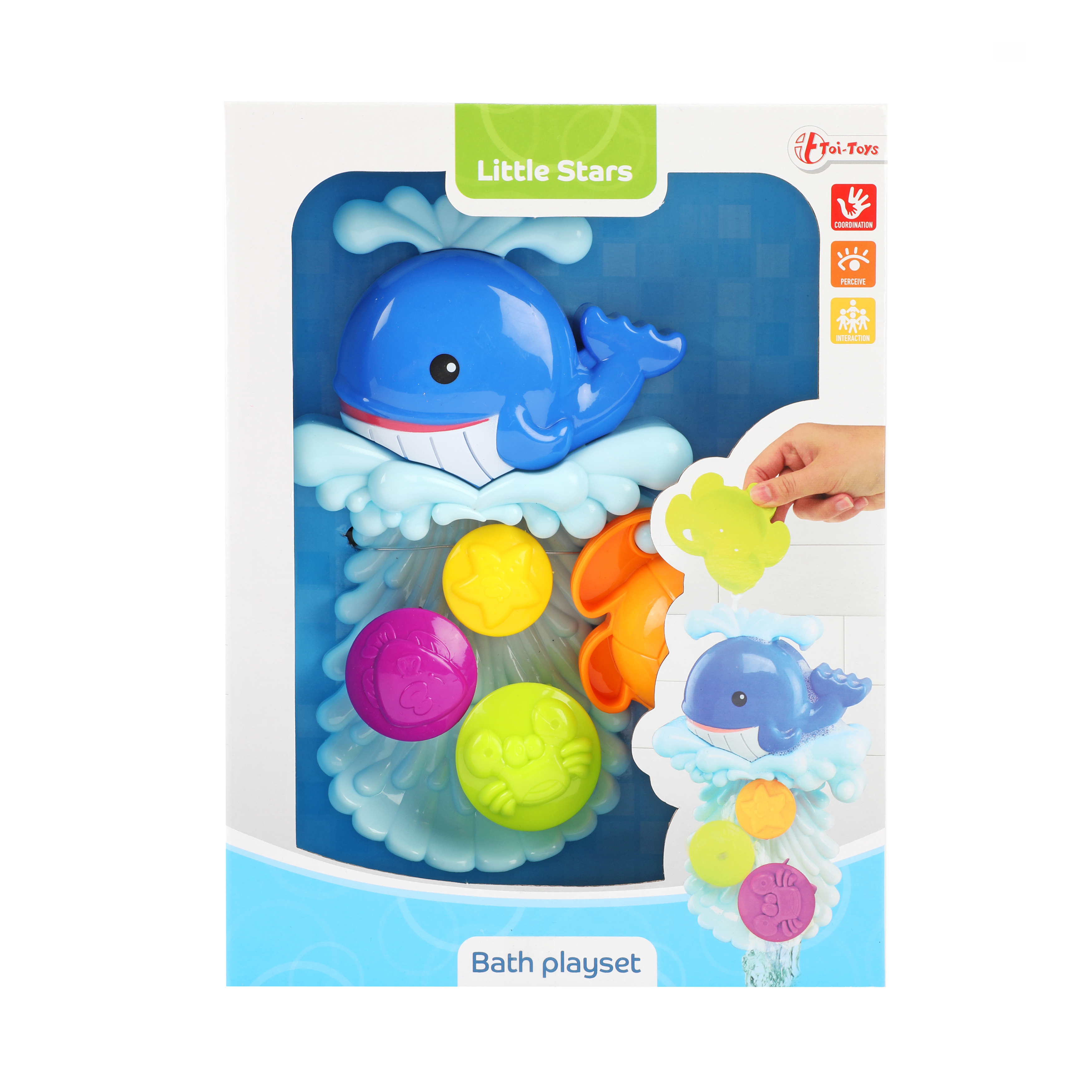 Badespielzeug im Karton. Blauer Wal, Wellen und bunte Formen. Für kleine Kinder.