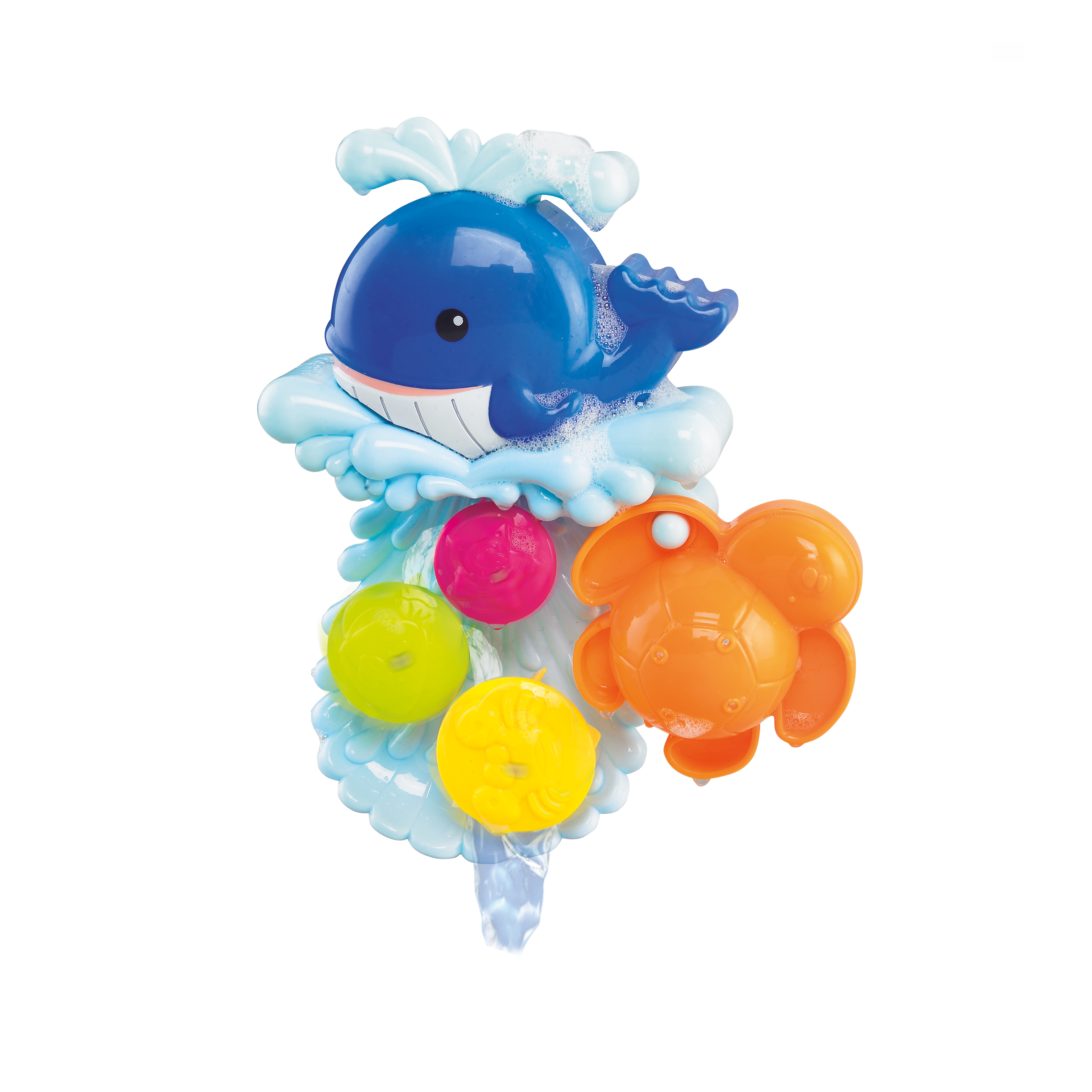 Blaues Walspielzeug mit Blasen, drei farbigen Bällen und einem orangenen Krebsspielzeug.