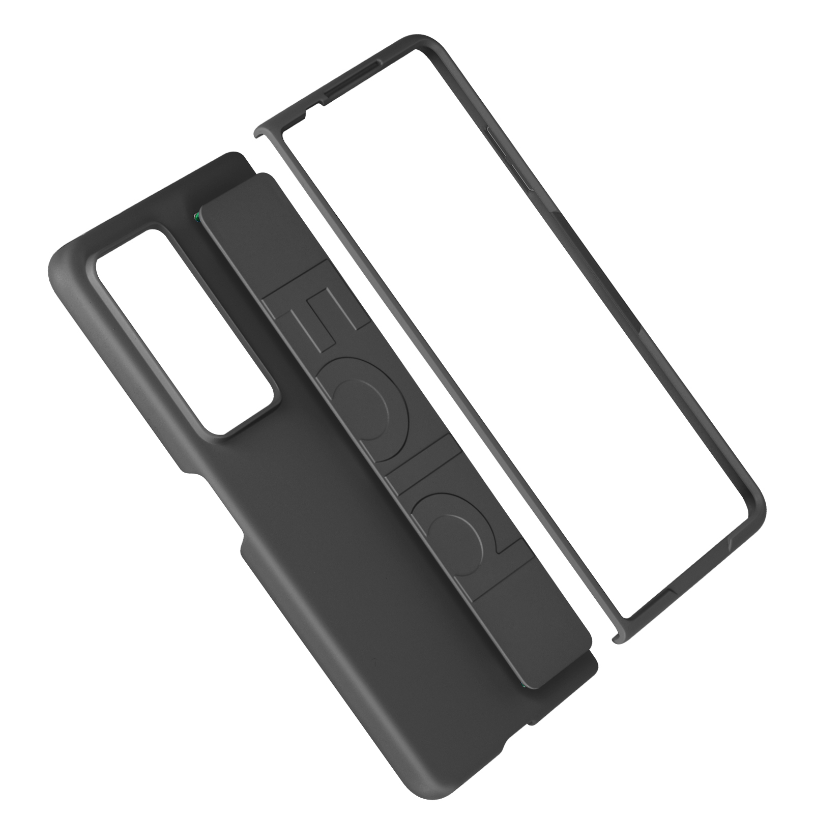 Custodia nera con barra, cornice e telefono. Tutti i pezzi sono separati su sfondo bianco.