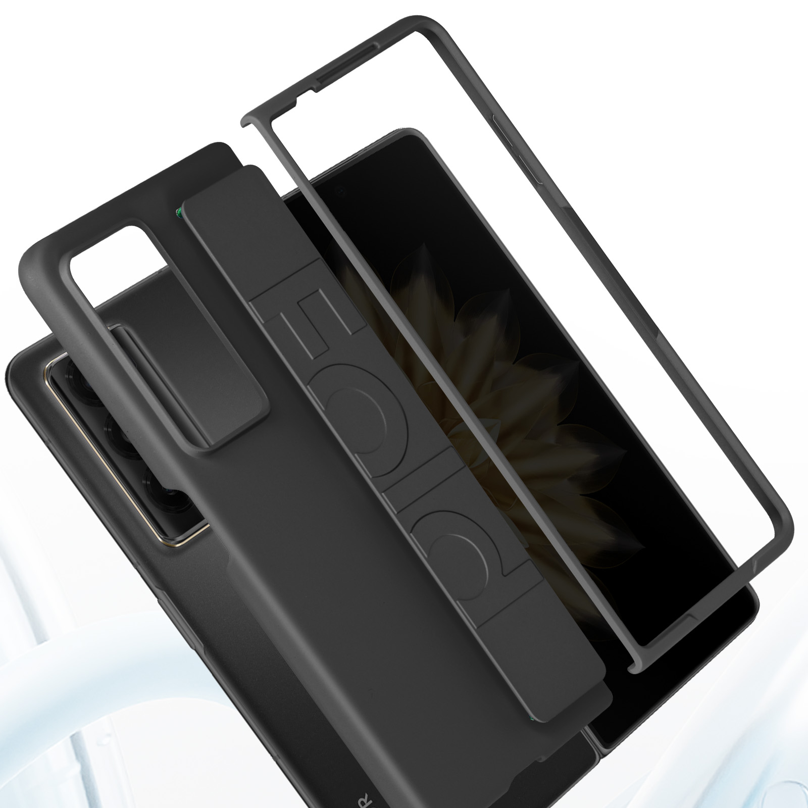 Telefono nero con accessori, tra cui protezione schermo e custodia, su una superficie bianca.