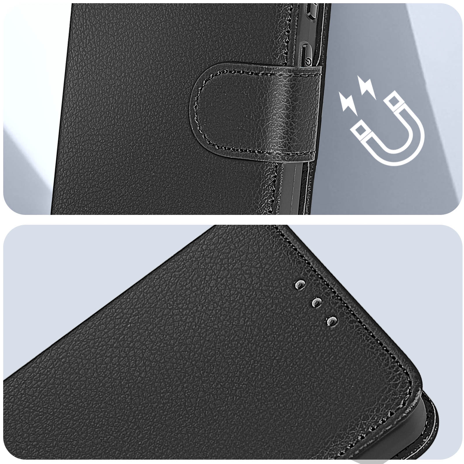 Custodia per telefono in pelle nera con chiusura magnetica. Simbolo magnete a destra.