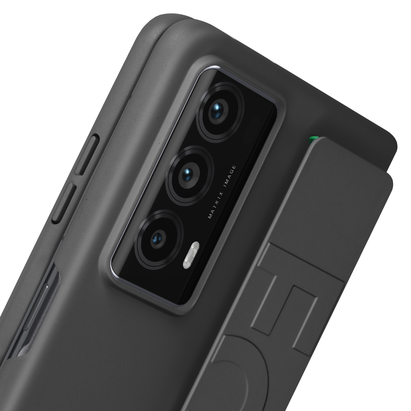 Primo piano di un telefono nero. Multiple fotocamere e un cavalletto sono visibili.
