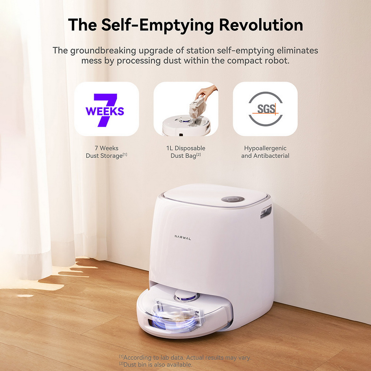 Biały samoopróżniający się odkurzacz robot z stacją czyszczącą.