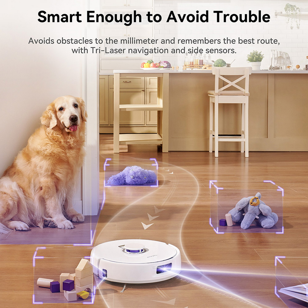 Un robot aspirapolvere che naviga in una stanza con un cane, evitando gli ostacoli.