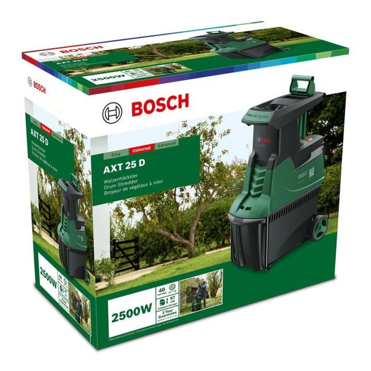 Broyeur de pelouse en boîte, vert et noir, avec une vue de la machine.