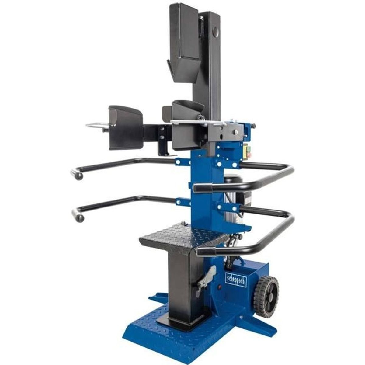 Blau-schwarze Holzspaltmaschine. Es hat eine Plattform und Griffe. Merkmale blaues und schwarzes Farbschema.