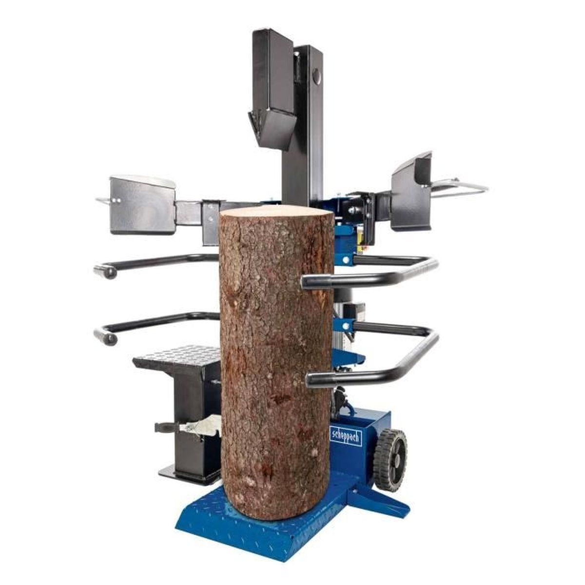 Eine Holzspaltmaschine mit einem großen Baumstamm, der zum Spalten bereit ist, vor weißem Hintergrund.