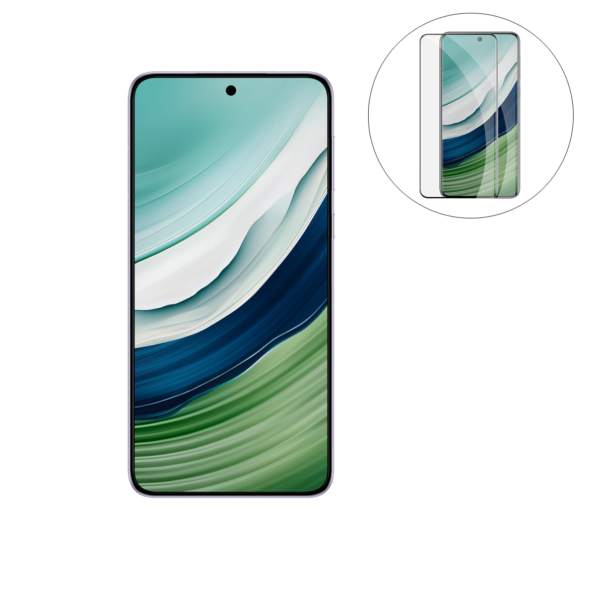 Telefono viola con protezione schermo. Telefono centrato. Sfondo bianco.
