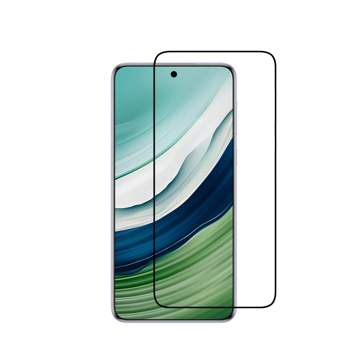 Uno smartphone con una protezione per lo schermo applicata, su una superficie bianca.